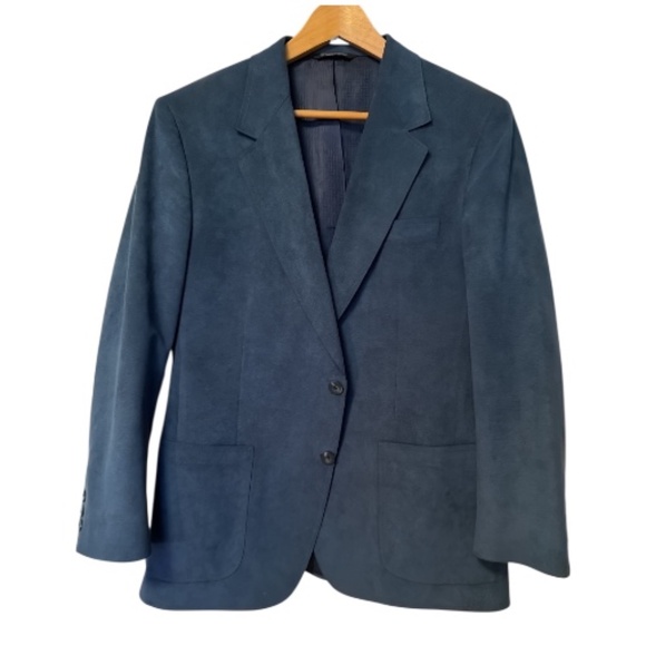 Halston Vintage 80's Ultra Suede Sapphire Blue Mod Blazer Jacket Men's Size L - Picture 1 of 5